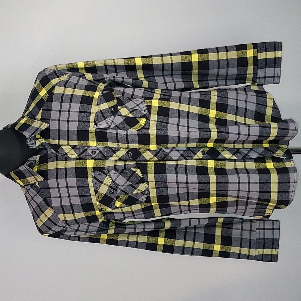 Route 66 Black Yellow Plaid Snap Button 100% Cotton Flannel Shirt Size Large